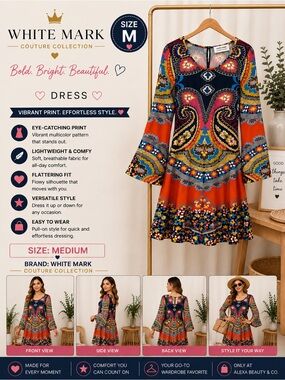 White Mark Multicolor Paisley Bell-Sleeve Dress - Orange, Blue, Black